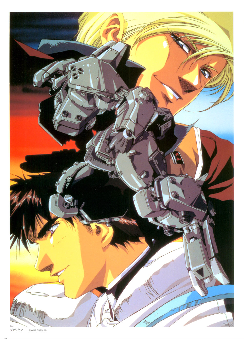 2boys, 90s, assault_suits_series, assault_suits_valken, blonde_hair, brown_hair, grin, highres