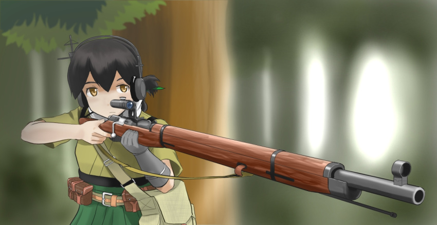 1girl, ammunition_belt, ammunition_pouch, black_hair, bolt_action, brown_eyes, commentary_request, folded_ponytail