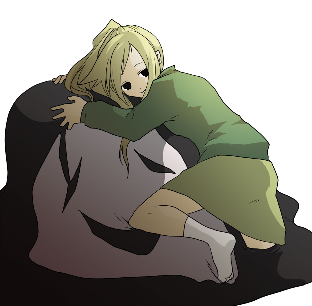 1girl, black_eyes, blonde_hair, commentary_request, dakkarubi, dual_persona, hug, poniko