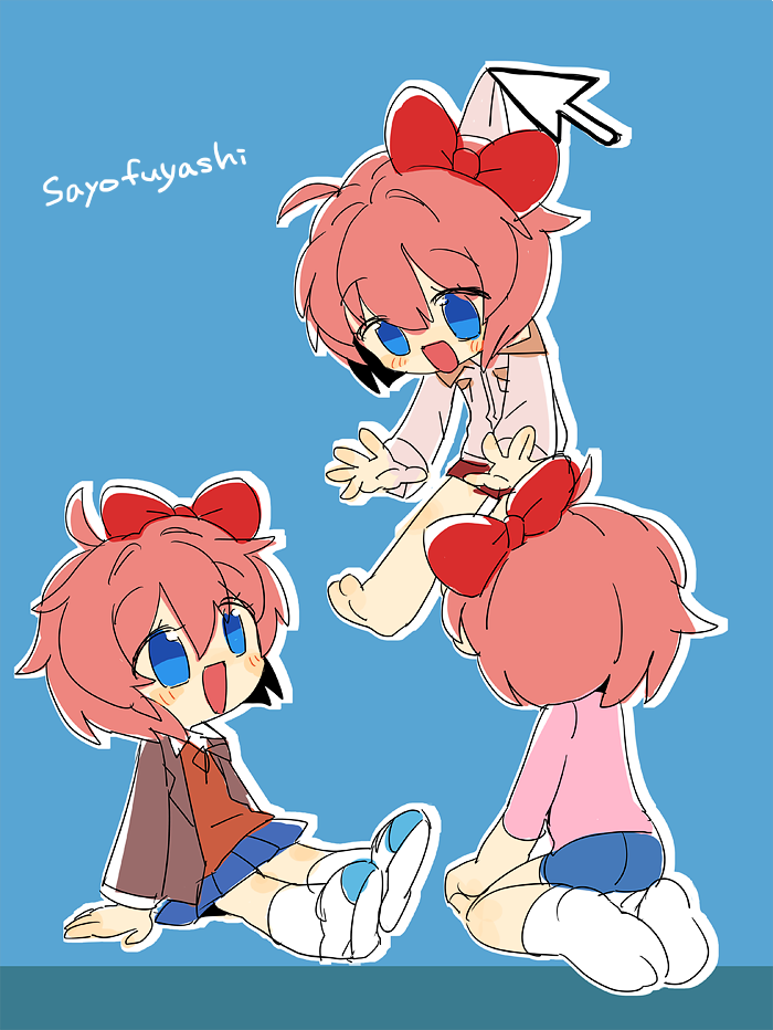 3girls, blazer, blue_background, blue_eyes, bow, casual, cursor, doki_doki_literature_club