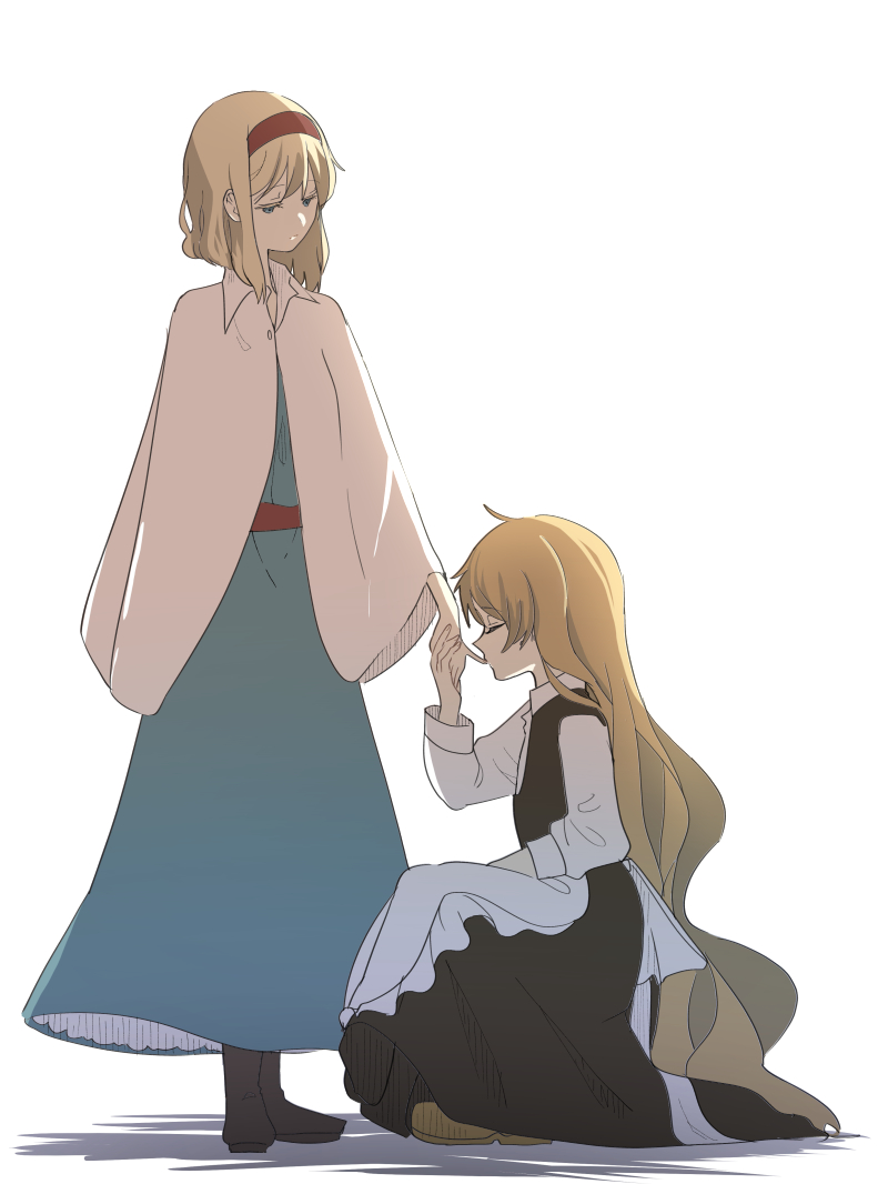 2girls, alice_margatroid, apron, blonde_hair, blue_eyes, cape, closed_eyes, dress