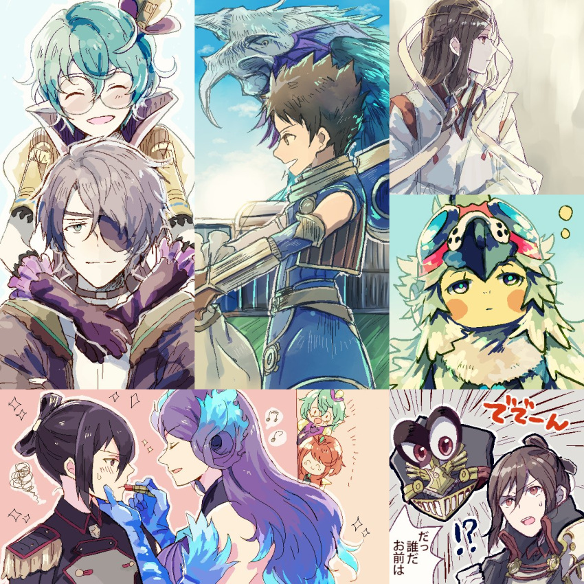 2boys, 5girls, bird, black_hair, blush, brown_hair, cape, cappy_(mario)