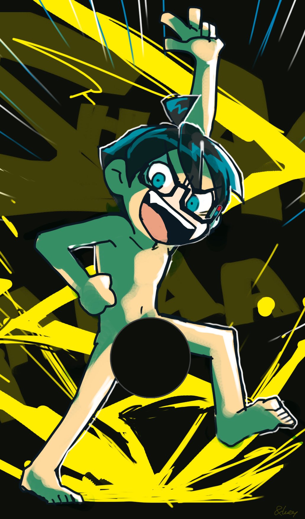 1boy, arm_up, black_hair, blue_eyes, censored, dd_(xuni_dd), full_body, glasses