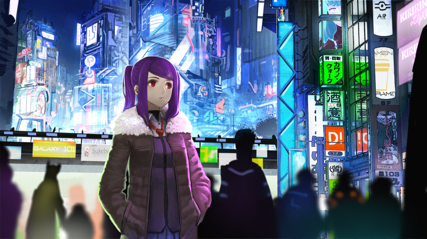 city, coat, cyberpunk, ex-trident, hands_in_pockets, highres, julianne_stingray, ponytail