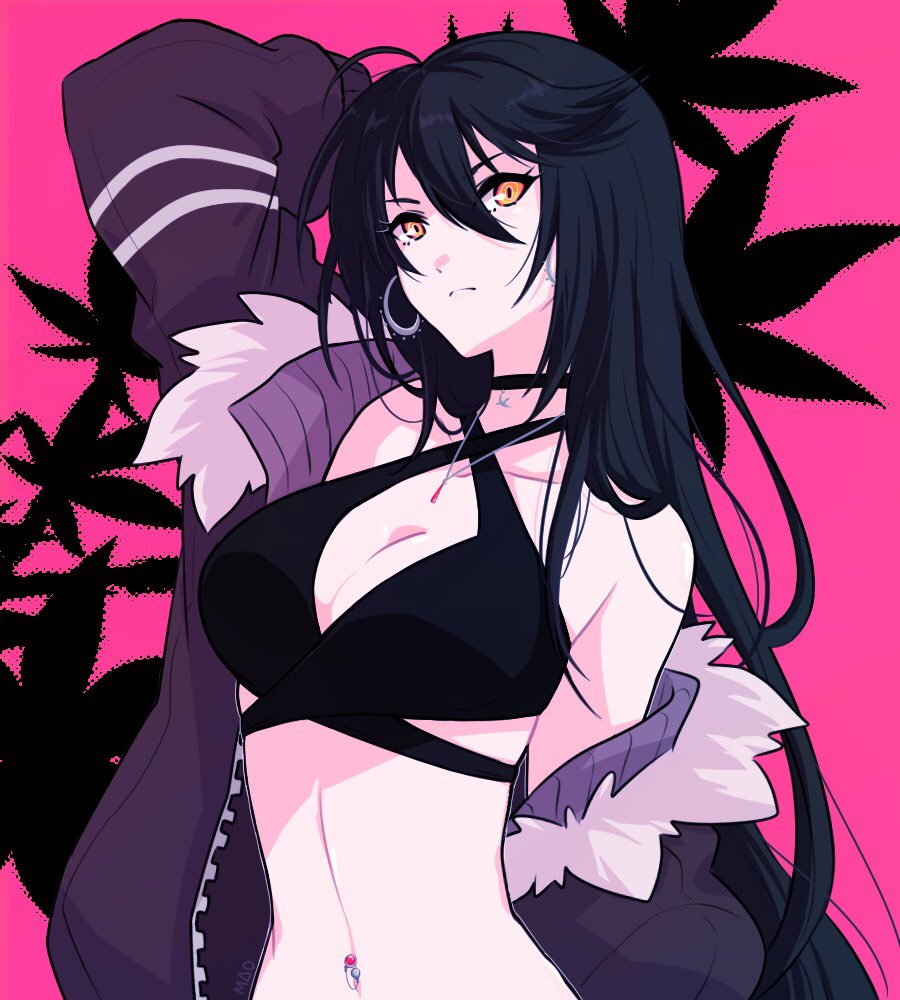 1girl, black_hair, breasts, choker, jacket, long_hair, looking_at_viewer, mao_(expuella), navel, solo, sports_bra, tales_of_(series), tales_of_berseria, velvet_crowe, yellow_eyes