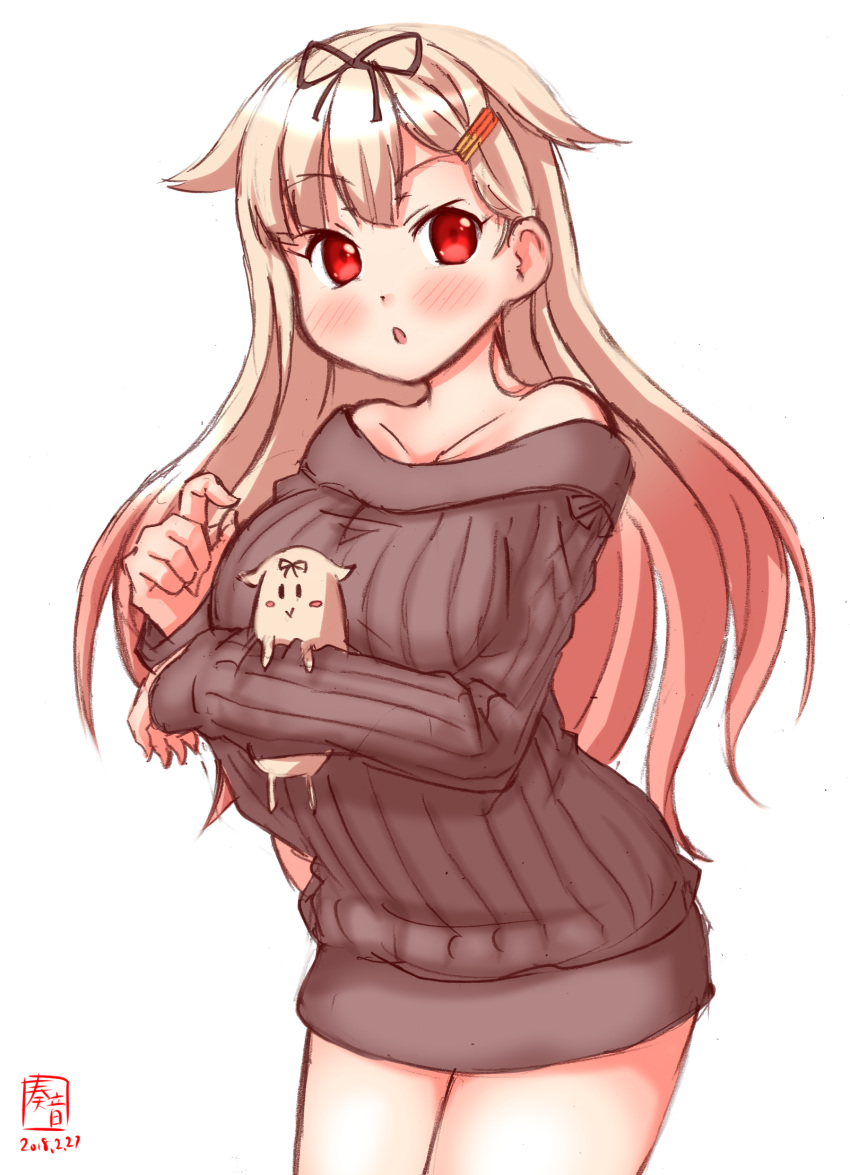 1girl, blonde_hair, brown_sweater, commentary_request, cowboy_shot, dated, hair_flaps, hair_ornament