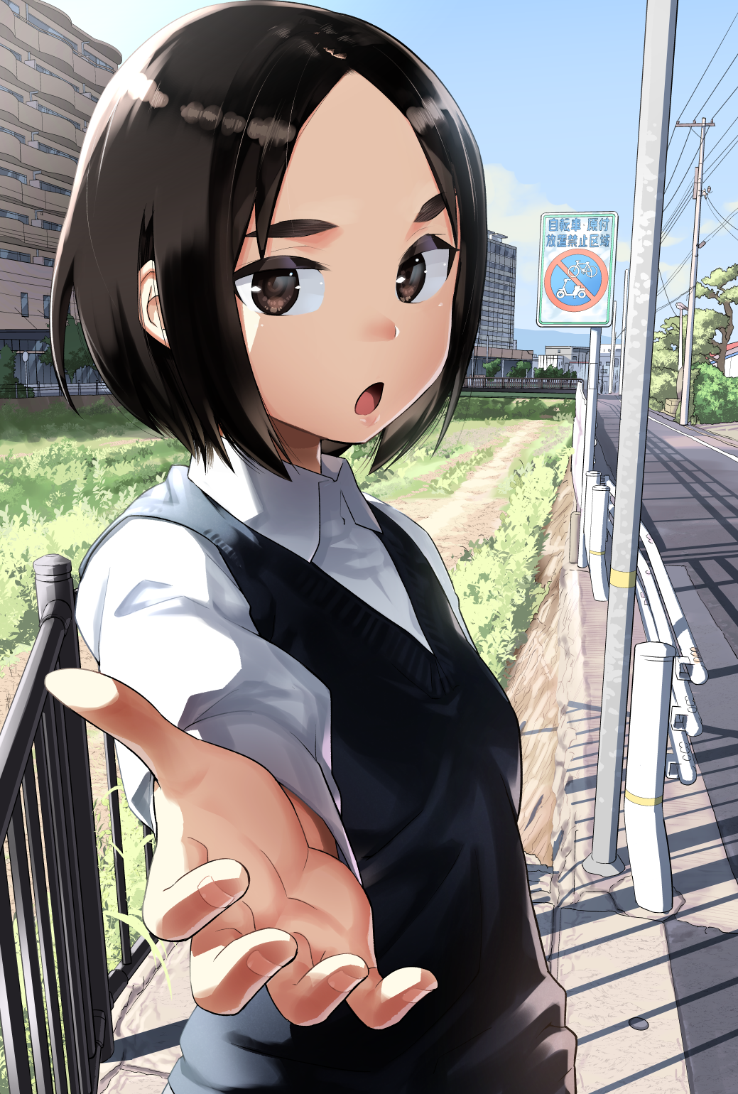 1girl, :o, bangs, black_hair, blue_sky, blush, brown_eyes, collared_shirt