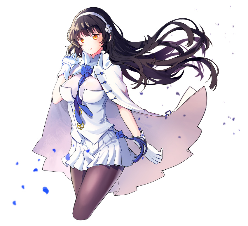 1girl, black_hair, blue_neckwear, breasts, cape, chizu_(cheese), cleavage, flower, girls_frontline, gloves, hair_flower, hair_ornament, hairband, highres, large_breasts, long_hair, looking_at_viewer, pantyhose, qbz-95_(girls_frontline), skirt, smile, solo, standing, very_long_hair, white_cape, white_gloves, white_skirt, yellow_eyes
