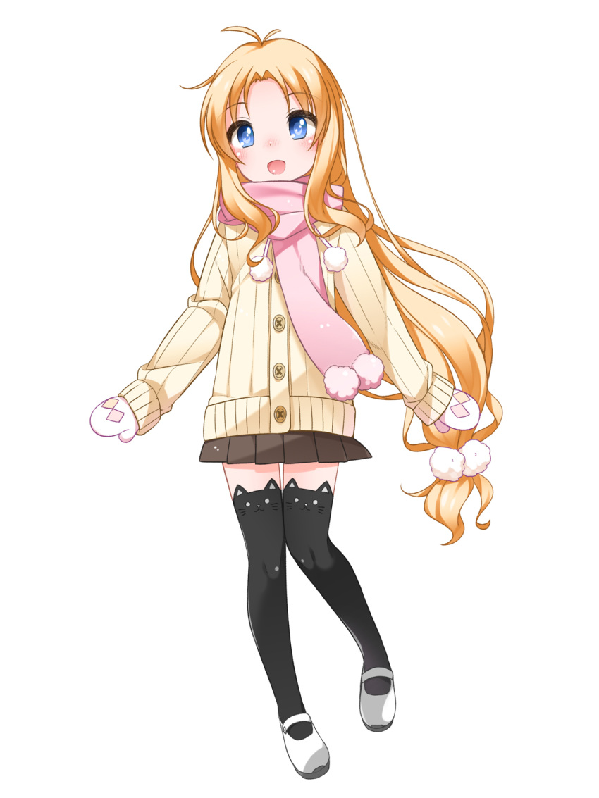 1girl, :d, animal_band_legwear, black_legwear, blonde_hair, blue_eyes, blush, buttons