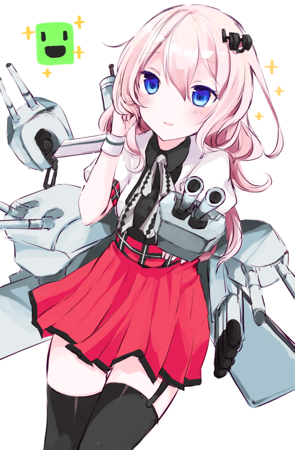 1girl, adjusting_hair, azur_lane, black_legwear, blue_eyes, blush, cowboy_shot, gameplay_mechanics