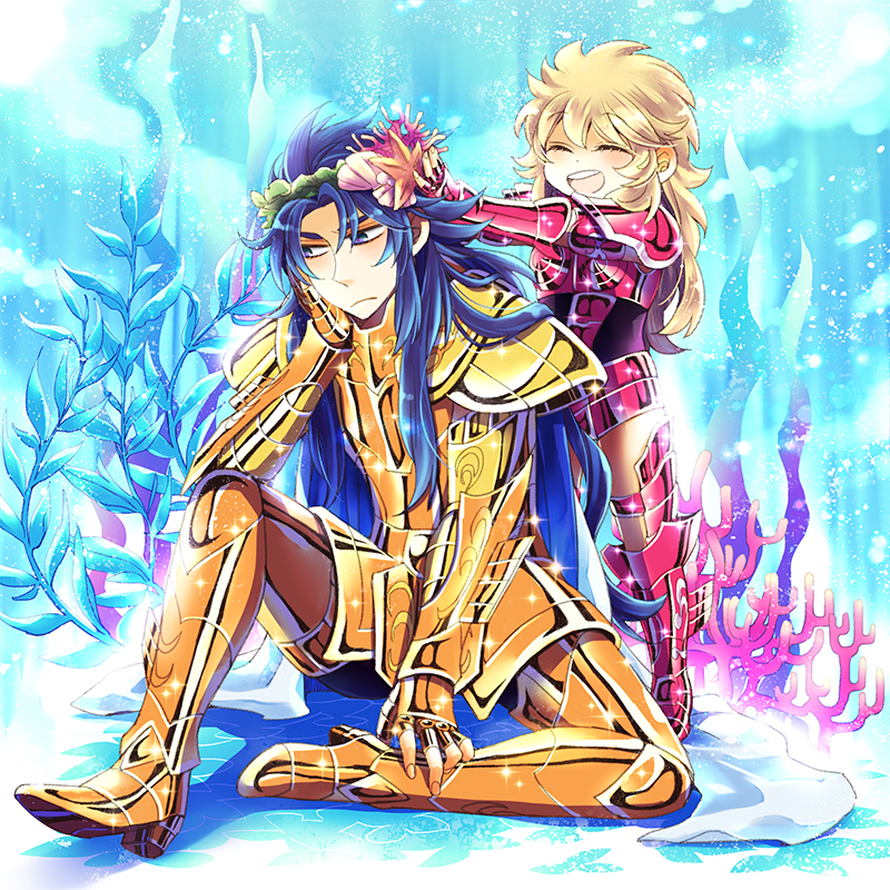 1boy, 1girl, armor, blonde_hair, blue_eyes, blue_hair, cape, clam_shell