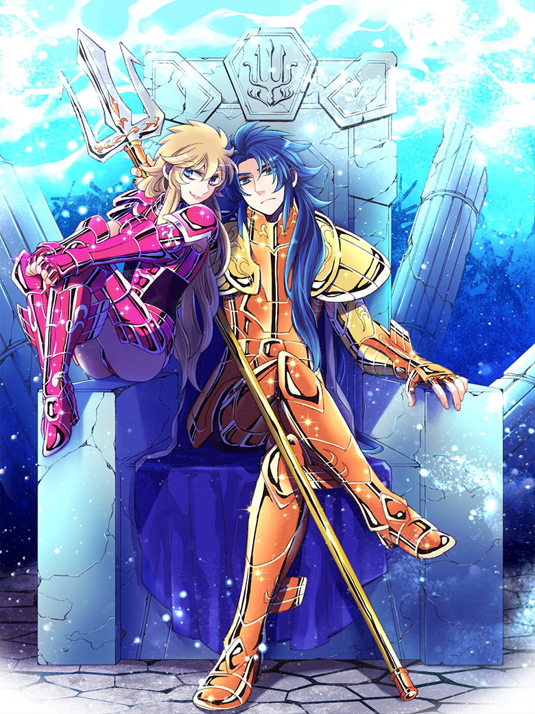 1boy, 1girl, armor, blonde_hair, blue_eyes, blue_hair, cape, full_armor