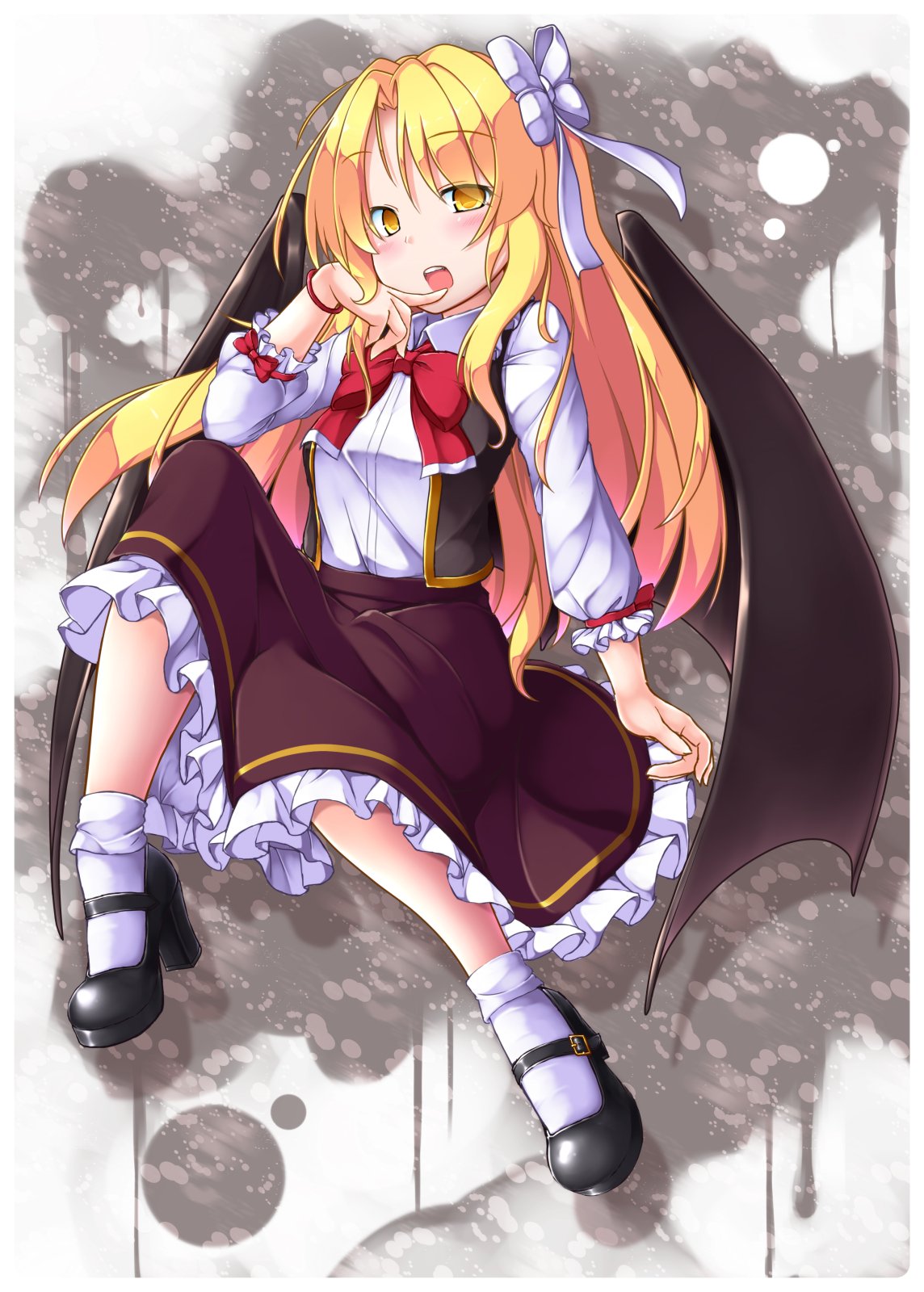 1girl, aka_tawashi, bat_wings, black_footwear, blonde_hair, blush, bow, brown_skirt, commentary_request, eyebrows_visible_through_hair, finger_to_mouth, frills, hair_bow, highres, kurumi_(touhou), long_hair, long_sleeves, looking_at_viewer, mary_janes, neck_bow, open_mouth, petticoat, red_bow, red_neckwear, shirt, shoes, sitting, skirt, socks, solo, touhou, touhou_(pc-98), white_bow, white_legwear, white_shirt, wings, yellow_eyes