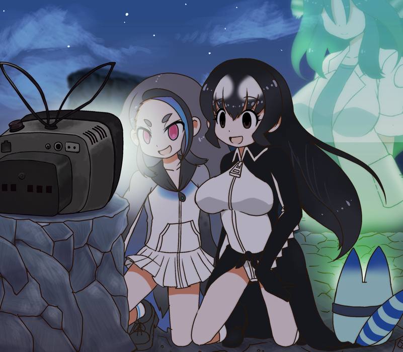3girls, :d, alternate_hairstyle, arms_behind_back, black_footwear, black_hair, black_leotard, blue_hair