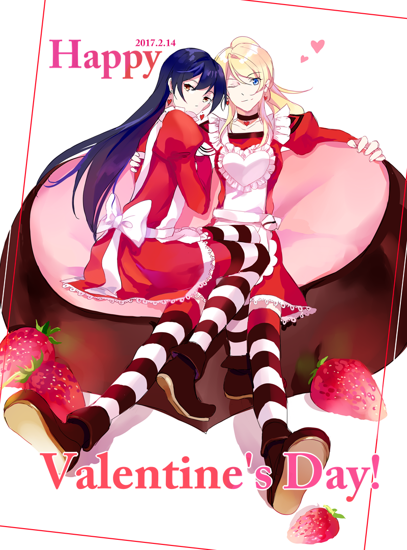 2girls, apron, ayase_eli, bangs, blonde_hair, blue_eyes, blue_hair, choker, commentary_request, dress, earrings, food, fruit, hair_between_eyes, happy_valentine, heart, jewelry, long_hair, long_sleeves, looking_at_viewer, love_live!, love_live!_school_idol_project, multiple_girls, one_eye_closed, ponytail, red_dress, scrunchie, shen_yi, sitting, sonoda_umi, strawberry, striped, striped_legwear, thigh-highs, valentine, yellow_eyes