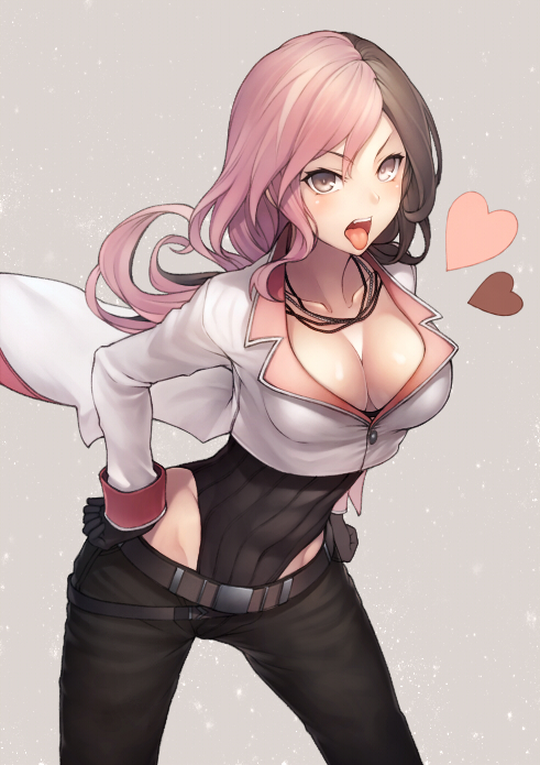 1girl, belt, black_gloves, black_leotard, black_pants, breasts, brown_eyes, brown_hair