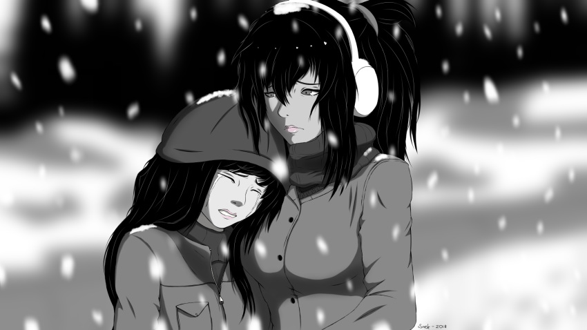 2girls, black_hair, charlotte_vickers, earmuffs, grey, hat, monochrome, original, pink_lips, sadness, scarf, snekkestsnek, snow, snowing, sorrow, tears, tiffany_vickers, winter, winter_clothes