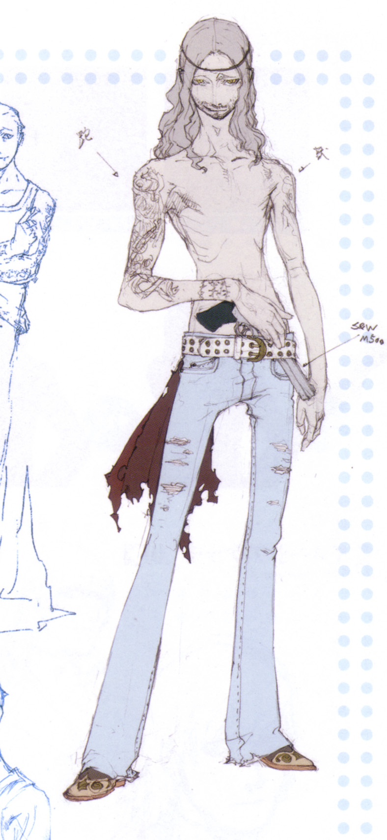 evil_jesus, handgun, headband, highres, jeans, long_hair, persona, persona_3, revolver, s&amp;w_500, sakaki_takaya, scan, shirtless, smith_&amp;_wesson, soejima_shigenori, torn_clothes, weapon