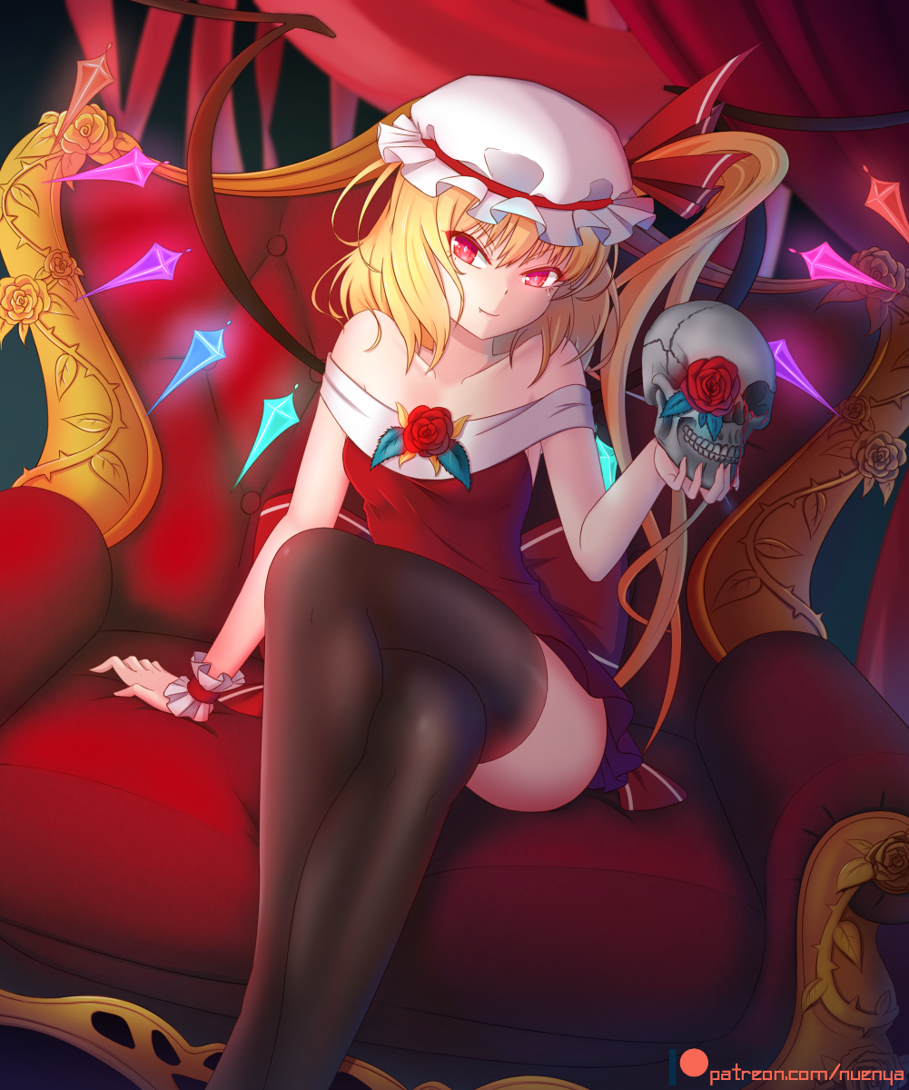 >:), 1girl, alternate_costume, artist_name, bangs, bare_shoulders, black_legwear, blonde_hair