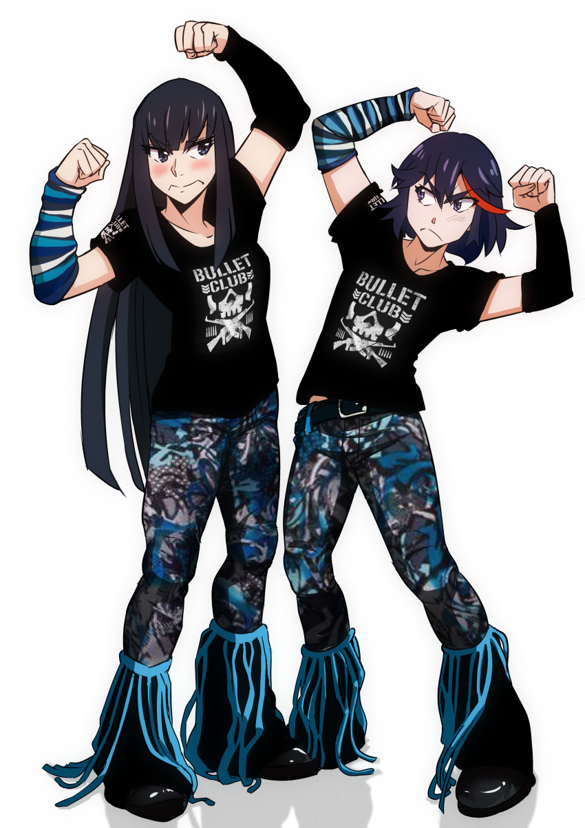absurdres, angry, armband, arms_up, belt, belt_buckle, black_hair, black_shirt, blush, boots, buckle, bullet_club, cosplay, crossover, flexing, hanukara_(artist), highlights, highres, kill_la_kill, kiryuuin_satsuki, long_hair, matoi_ryuuko, matt_jackson, multicolored_hair, new_japan_pro_wrestling, nick_jackson, pants, pose, shirt, short_hair, siblings, sisters, t-shirt, tassel, wrestling_outfit
