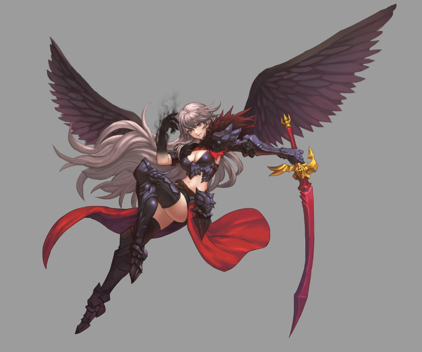 1girl, absurdres, armor, armored_boots, belt, bikini_armor, black_legwear, black_wings, boots, earrings, feathered_wings, feathers, full_body, gauntlets, grey_background, grey_hair, highres, jewelry, kkung, long_hair, looking_at_viewer, magic, midriff, navel, original, parted_lips, red_eyes, shoulder_armor, single_gauntlet, skirt, solo, sword, thigh-highs, thighs, very_long_hair, weapon, wings
