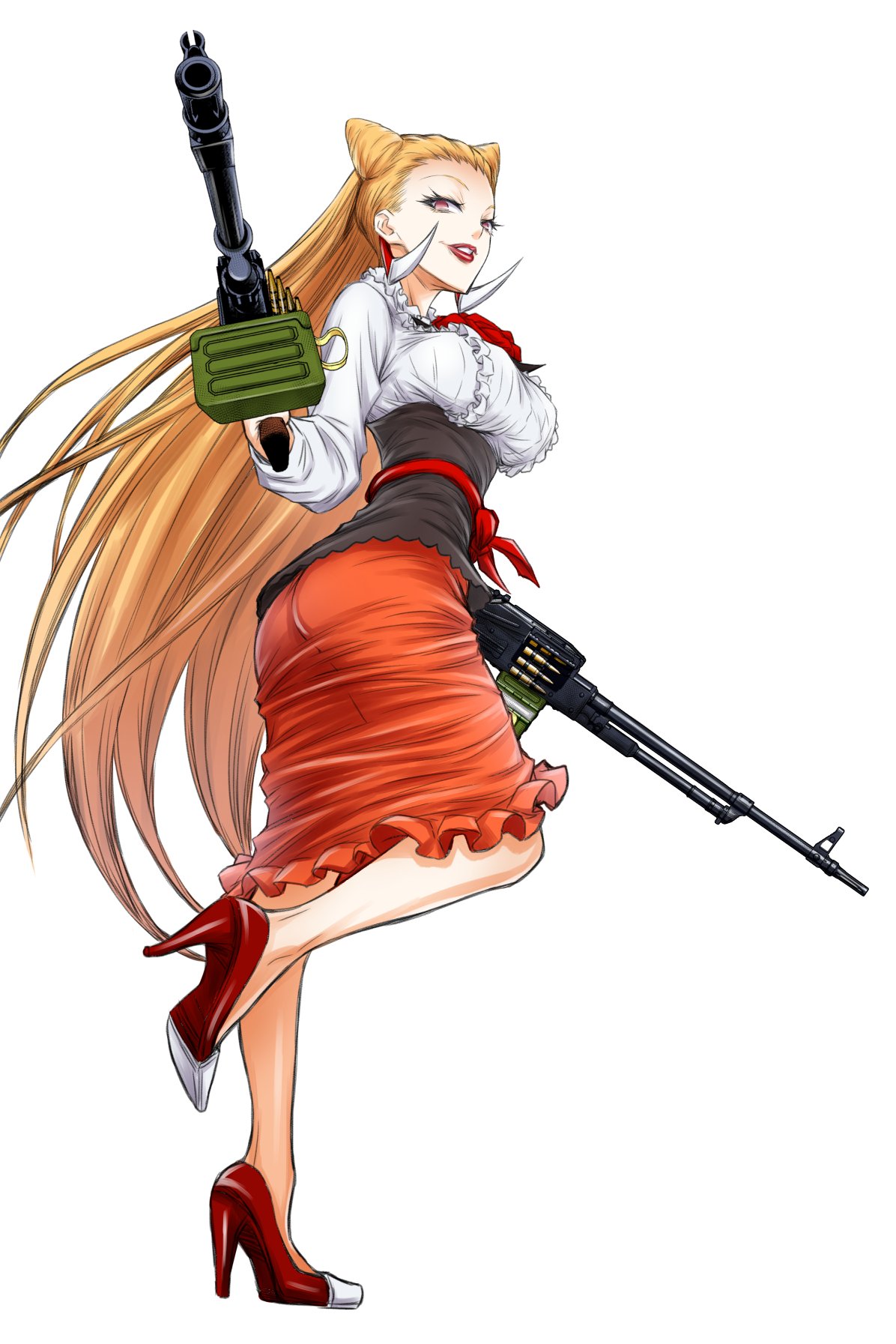 1girl, akatsuki_akira, blonde_hair, blouse, evil_smile, full_body, gun, high_heels