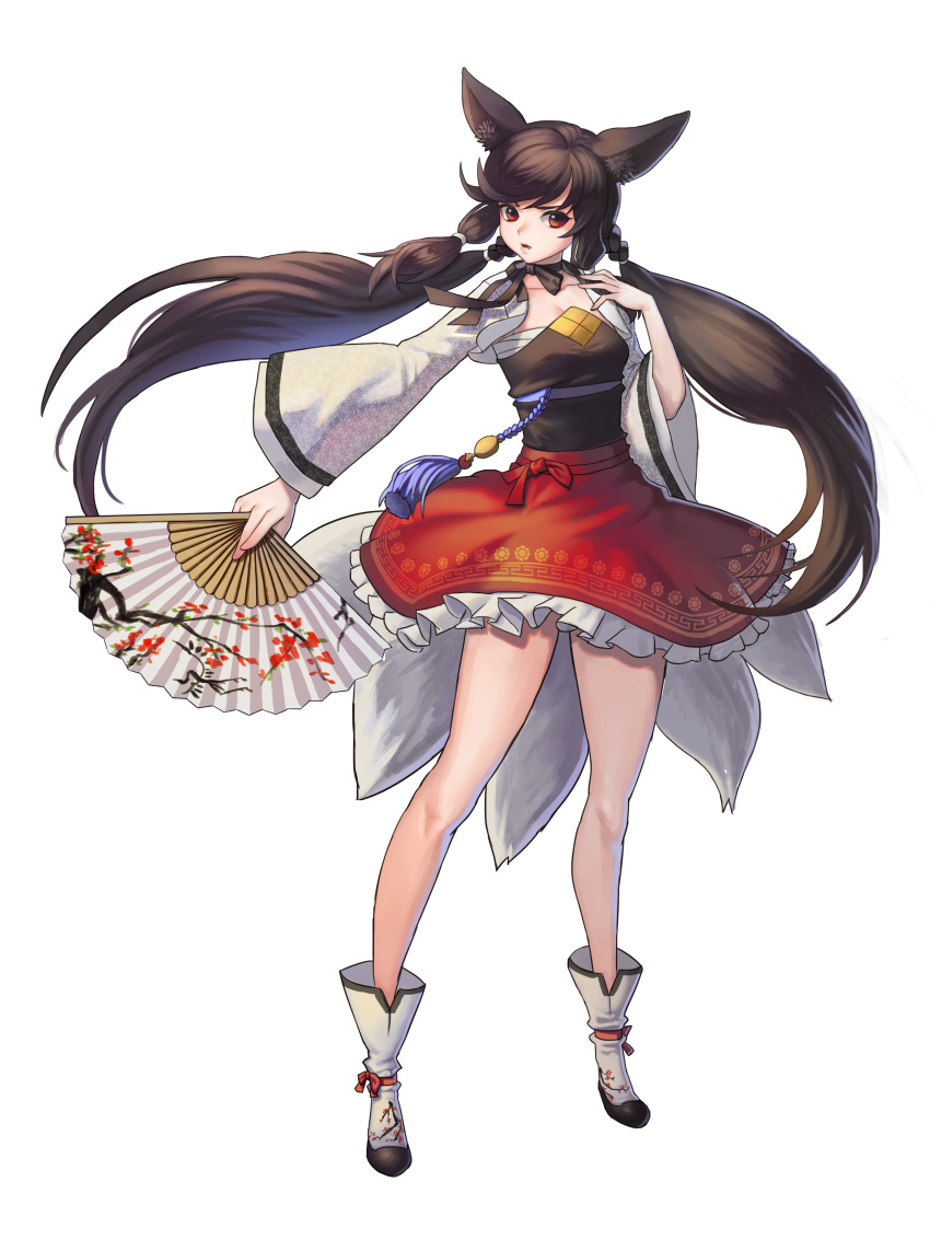 1girl, absurdres, animal_ears, bangs, black_hair, black_ribbon, collarbone, fan