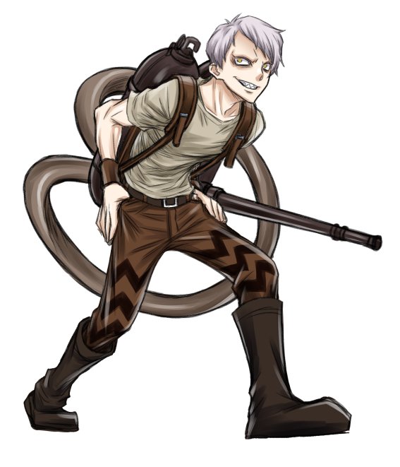 1boy, akatsuki_akira, boots, evil_grin, evil_smile, flamethrower, full_body, grin