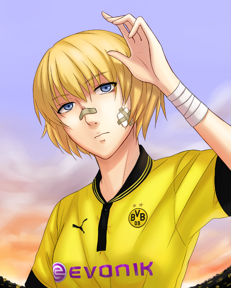 1girl, blonde_hair, blue_eyes, borussia_dortmund, bundesliga, original, personification, puma_ag