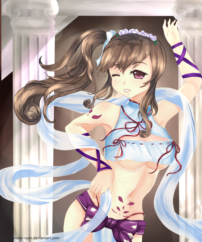 1girl, @maya, bow, breasts, brown_hair, cleavage, column, cosplay