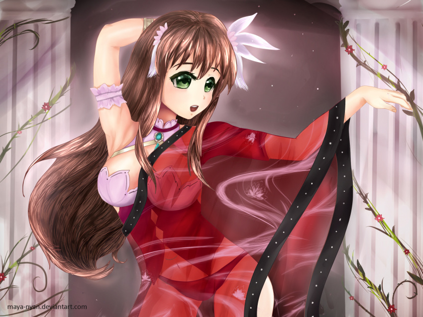 1girl, @maya, breasts, brown_hair, cleavage, column, cosplay, dancing