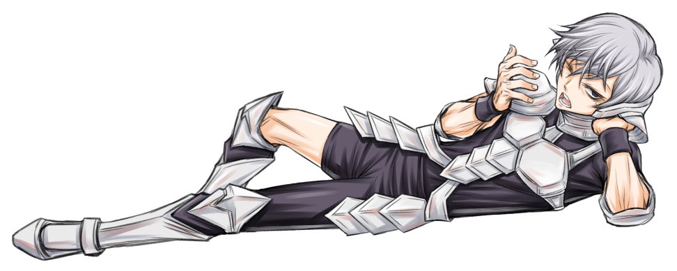 1boy, akatsuki_akira, asymmetrical_legwear, elbow_pads, grey_hair, juuni_taisen, looking_at_viewer, lying