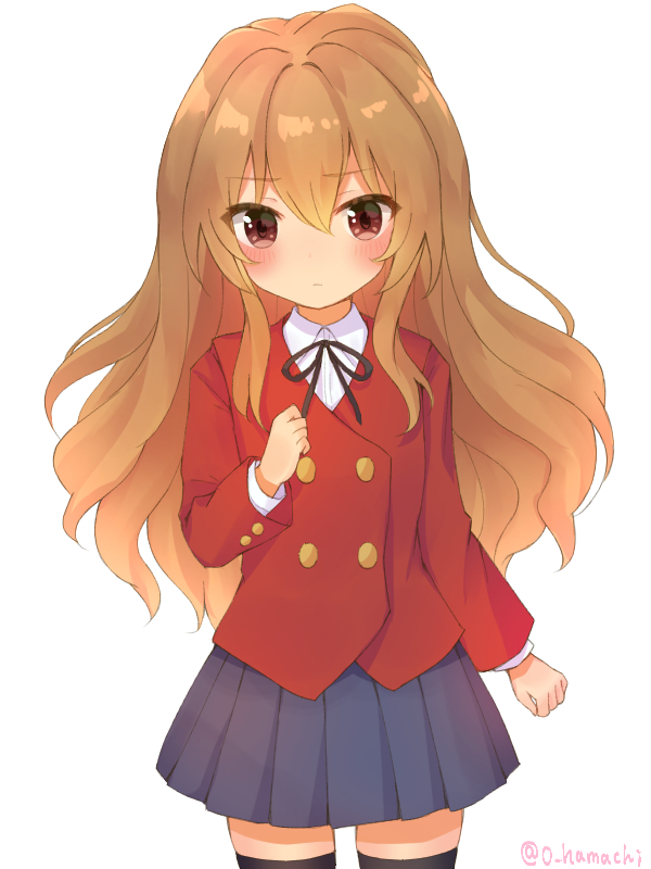 1girl, aisaka_taiga, bangs, black_legwear, black_neckwear, black_ribbon, blazer, blue_skirt