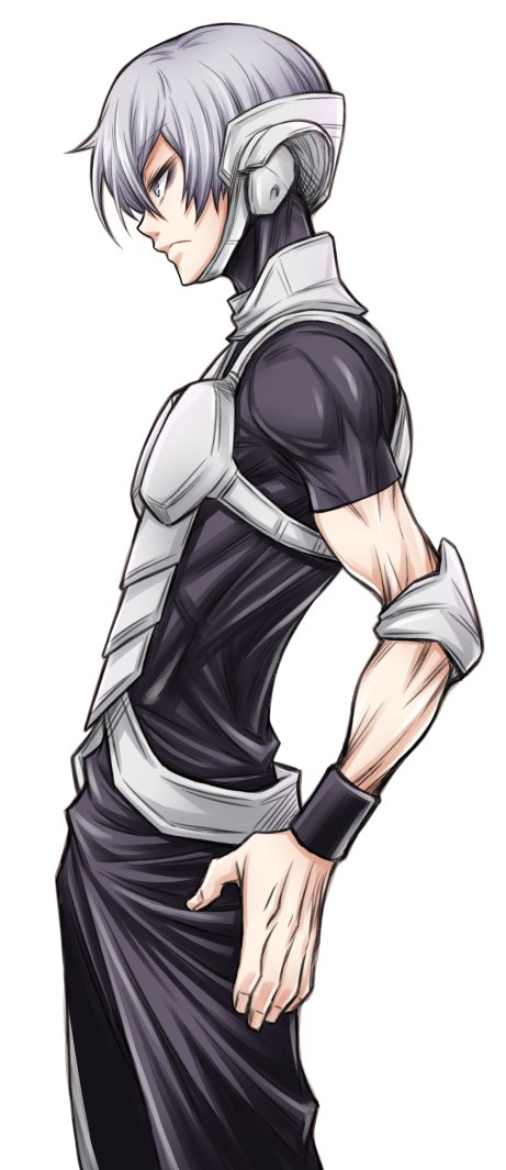 1boy, akatsuki_akira, cowboy_shot, elbow_pads, from_side, grey_eyes, grey_hair, hand_on_hip
