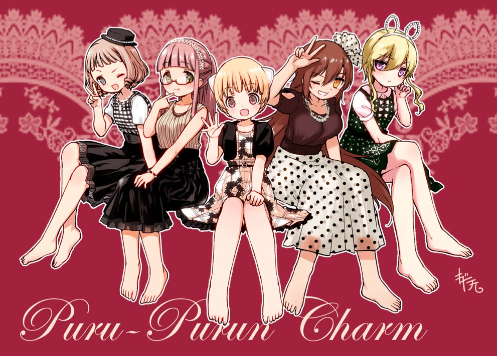 5girls, arisugawa_rin, black_hair, blonde_hair, copyright_name, hair_ornament, hairband, izayoi_kanon, kidanieru, long_hair, multiple_girls, puru_purun_charm, short_hair, smile, tomomi_okonogi, usami_hina_(puru_purun_charm), yui_enjoji