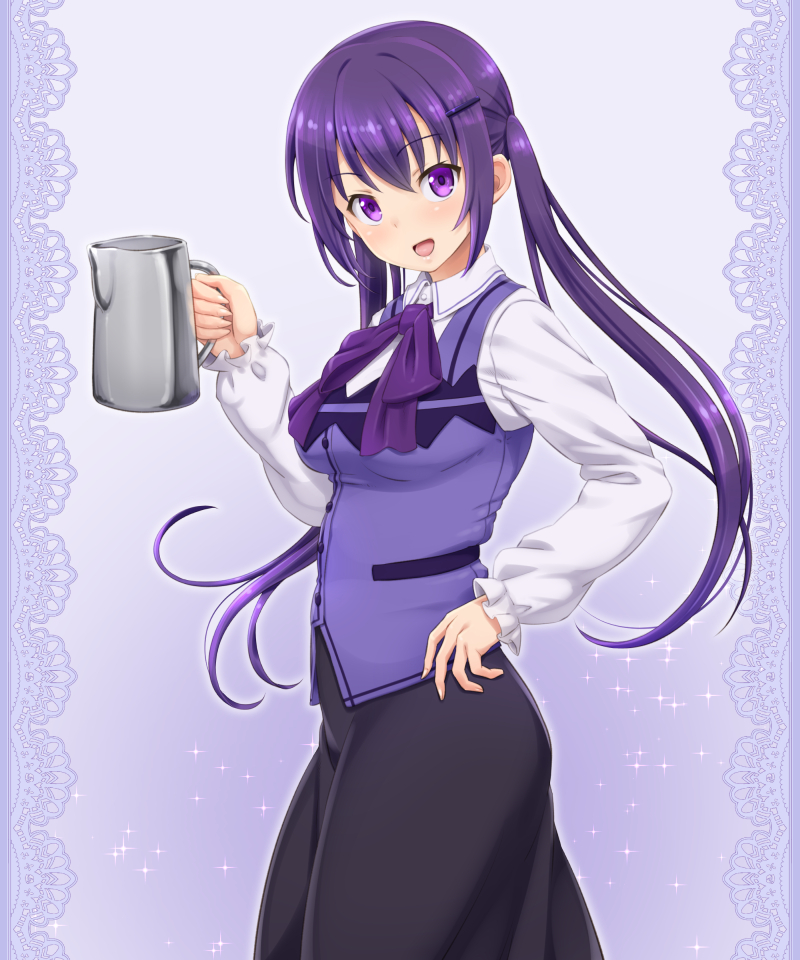 1girl, :d, bangs, black_skirt, blush, bow, bowtie, breasts
