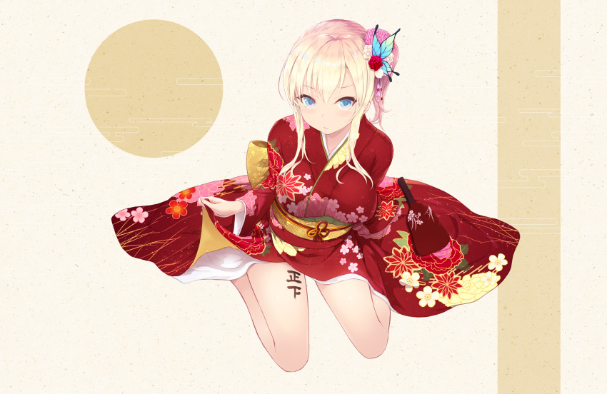 1girl, absurdres, alternate_hairstyle, blonde_hair, blue_eyes, blush, boku_wa_tomodachi_ga_sukunai, butterfly_hair_ornament