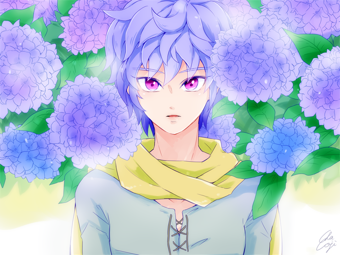 1boy, artist_name, dragon_quest, dragon_quest_heroes, dragon_quest_heroes_ii, flower, open_mouth, pink_eyes, portrait, purple_hair, razel, scarf, solo
