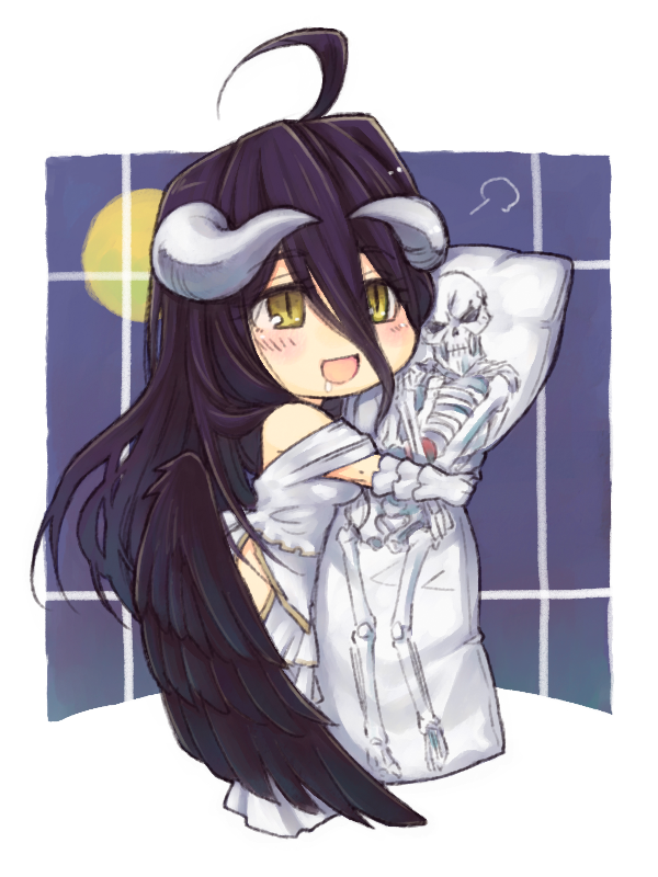 ainz_ooal_gown, albedo, black_hair, black_wings, breasts, dakimakura, demon_girl, demon_horns, demon_wings, dress, drooling, flushed, gloves, hair_between_eyes, horns, large_breasts, long_hair, open_mouth, overlord_(maruyama), saliva, user_xgpy8228, white_dress, white_gloves, wings, yellow_eyes