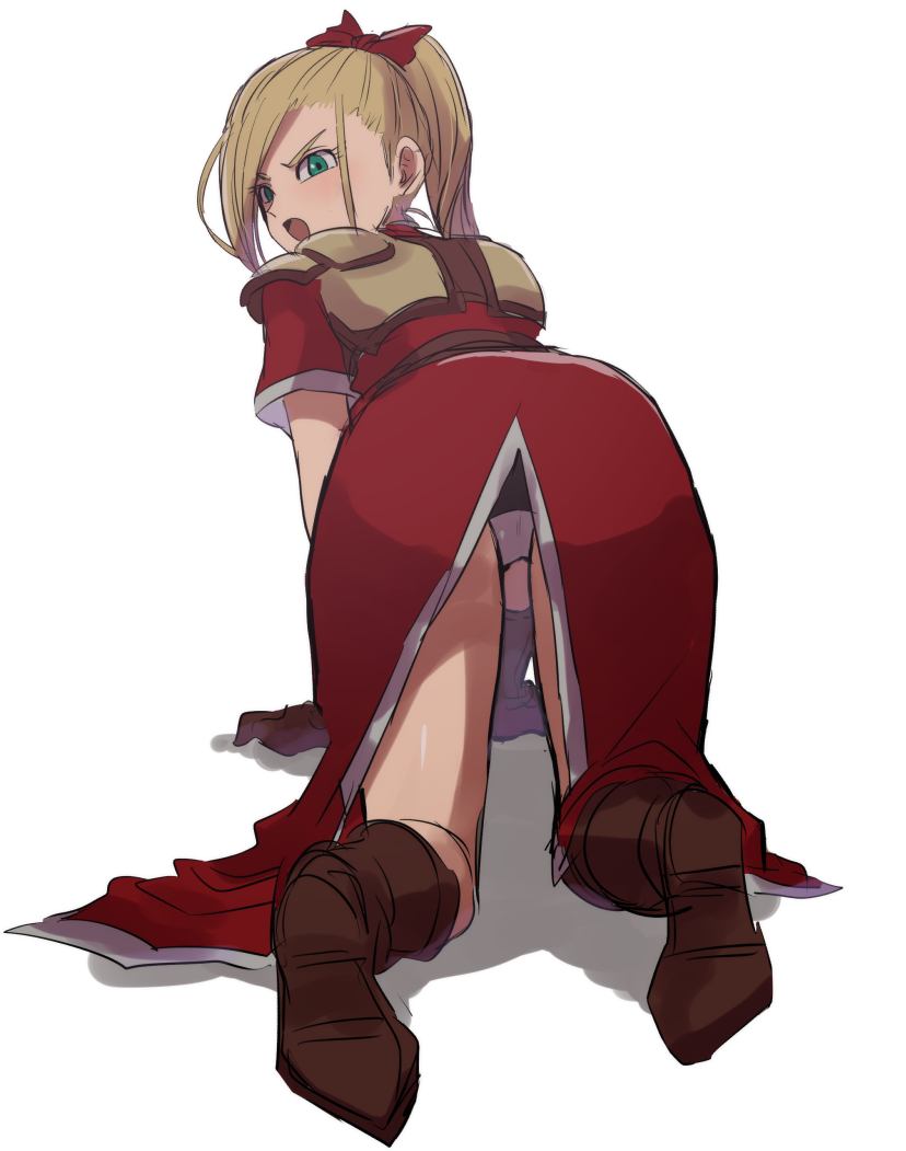 1girl, ass, back, blonde_hair, boots, bow, dragon_quest, dragon_quest_heroes, gloves, green_eyes, kometubu0712, long_hair, meer_(dqh), open_mouth, ponytail, simple_background, solo, white_background