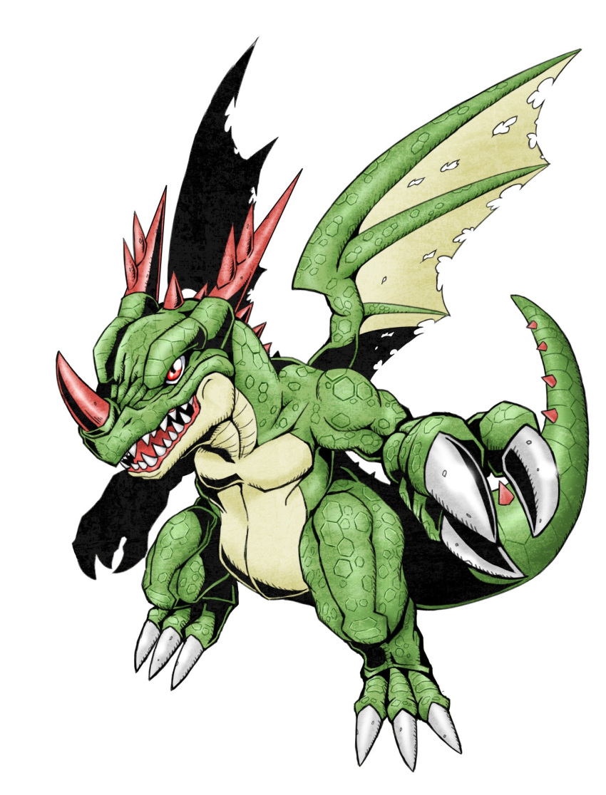 bat_wings, claws, coredramon, digimon, dragon, dragon_tail, fangs, highres, horns, no_humans, open_mouth, red_eyes, simple_background, solo, tail, white_background, wings, zeta_(kyokugen)