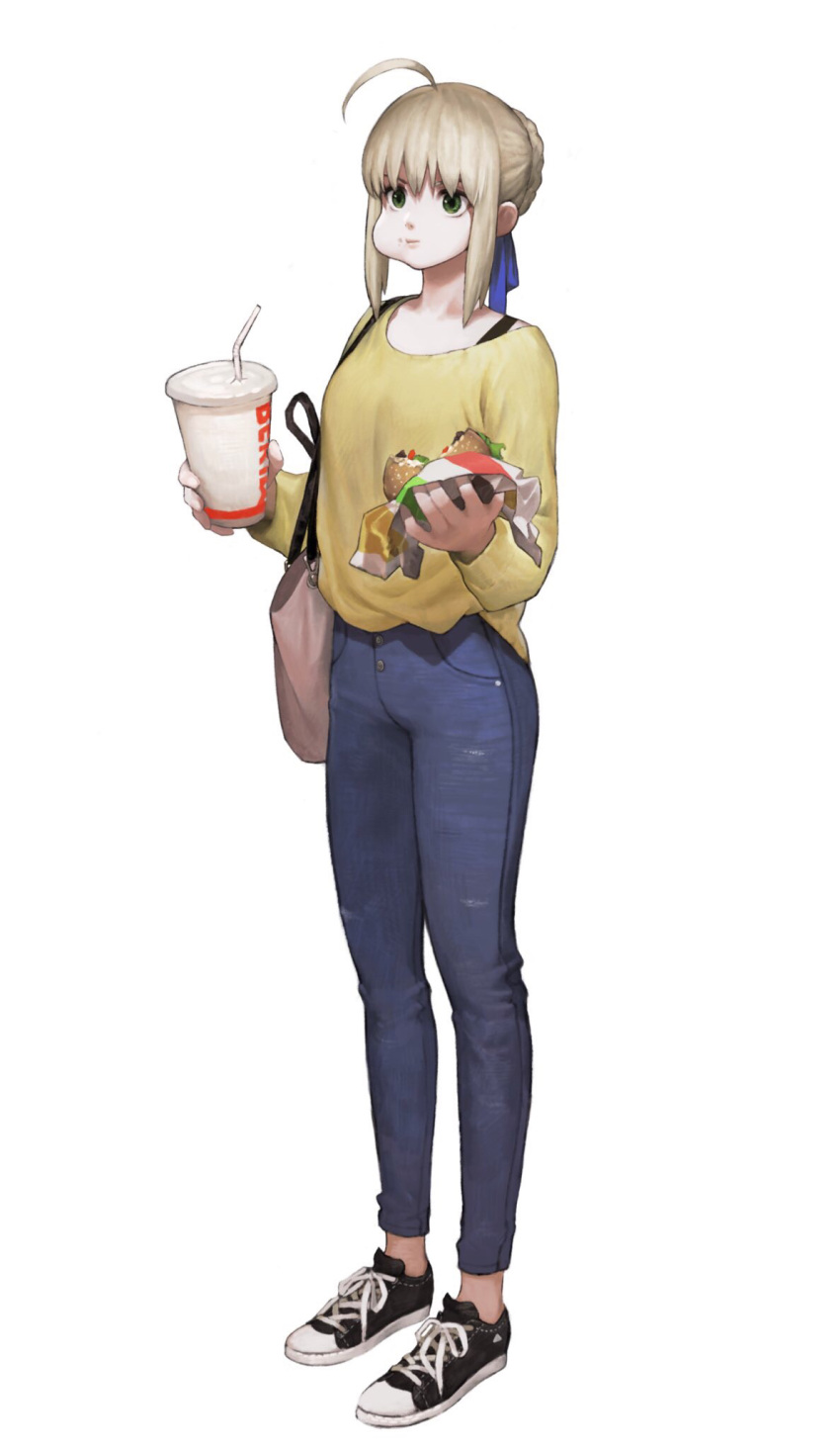 1girl, ahoge, arms_up, artoria_pendragon_(all), bag, bangs, black_footwear, blonde_hair, blue_pants, blue_ribbon, casual, cheek_bulge, chewing, closed_mouth, commentary, denim, drinking_cup, drinking_straw, fate/stay_night, fate_(series), food, full_body, green_eyes, hair_bun, hair_ribbon, hamburger, handbag, highres, holding, holding_food, jeans, jun_(seojh1029), long_sleeves, pants, ree_(re-19), ribbon, saber, shirt, shoes, simple_background, sneakers, solo, standing, white_background, wrapper, yellow_shirt