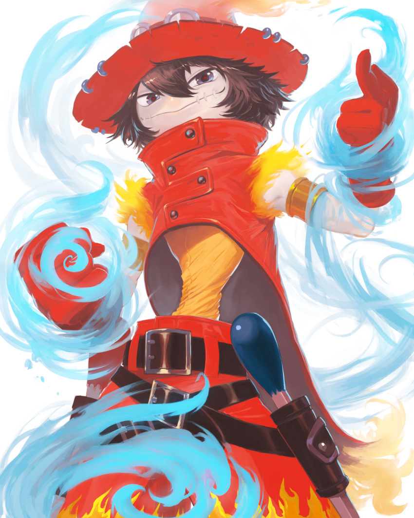 1boy, absurdres, brown_hair, digimon, digimon_xros_wars, fire, flawizarmon, gloves