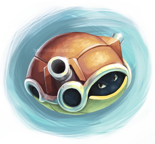 blastoise, blue_background, commentary, commission, creature, looking_at_viewer, no_humans, pokemon, pokemon_(creature), pokemon_(game), pokemon_rgby, red_eyes, solo, twarda8, water, watermark, web_address