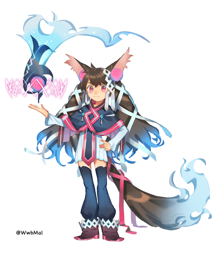 1girl, animal_ears, ankle_boots, bangs, black_capelet, black_legwear, blue_fire, boots