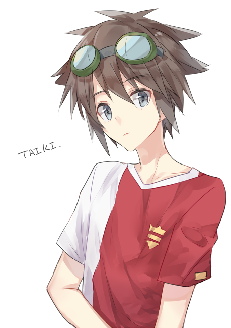 1boy, black_eyes, brown_hair, character_name, digimon, digimon_xros_wars, goggles, goggles_on_head