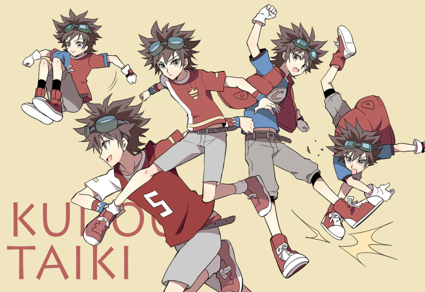 1boy, belt, brown_background, brown_eyes, brown_hair, character_name, digimon, digimon_xros_wars