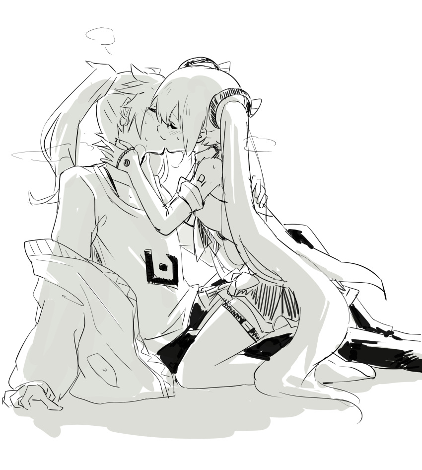 2girls, absurdres, boots, closed_eyes, detached_sleeves, earrings, greyscale, hatsune_miku