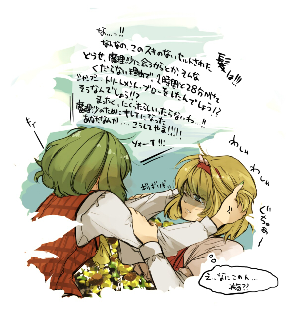 ascot, bad_id, blue_eyes, green_hair, hairband, kazami_yuuka, nid, plaid_vest, short_hair, touhou, translation_request, wince