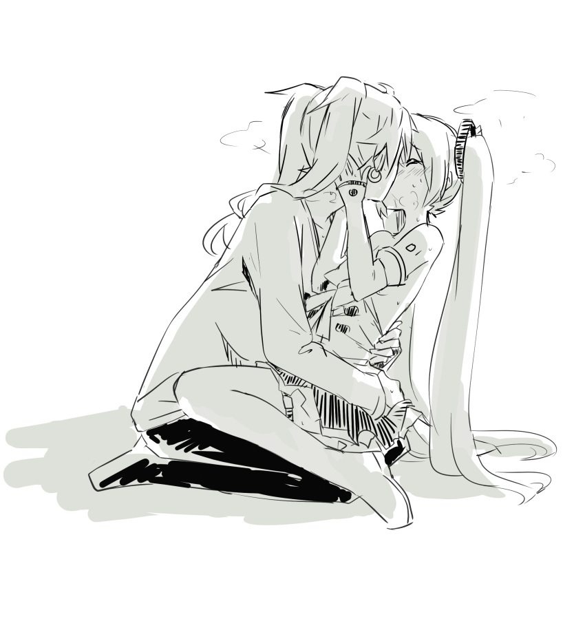 2girls, blush, boots, closed_eyes, detached_sleeves, earrings, greyscale, hatsune_miku